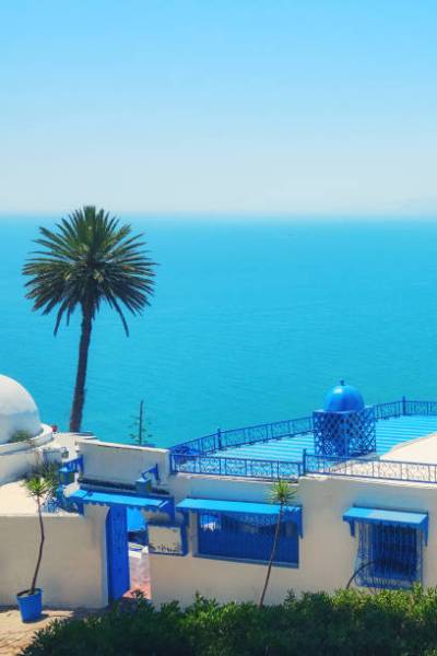 Tropical sea view in arab city Sidi Bou Said, Tunisia. June, 2019